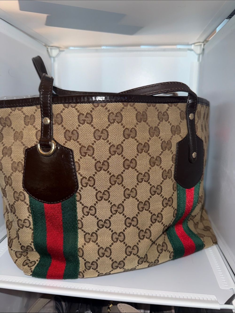 Gucci Brown GG Supreme Tote with Green and Red Web Stripes Shoulder Bag